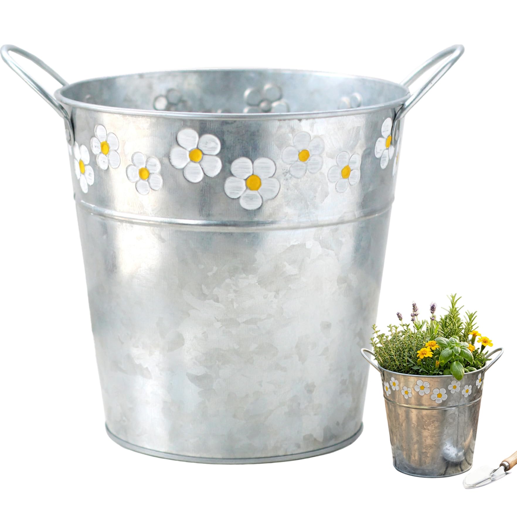Latemeia Galvanized Flower Buckets, 6.6x6.7inch, Metal Flower Bucket with Handle, Rustic Flowers Vases Container for Farmhouse Garden Yards Decorations