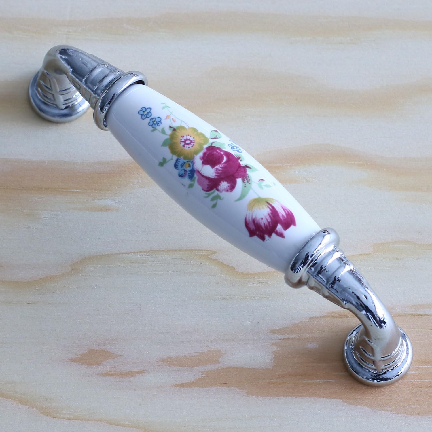 Badem10 Gerçek Porselen Kulp Çiçek Desen 96 mm Mobilya Mutfak Kulplar Dolabı Çekmece Dolap Kapak Kulpu Beyaz
