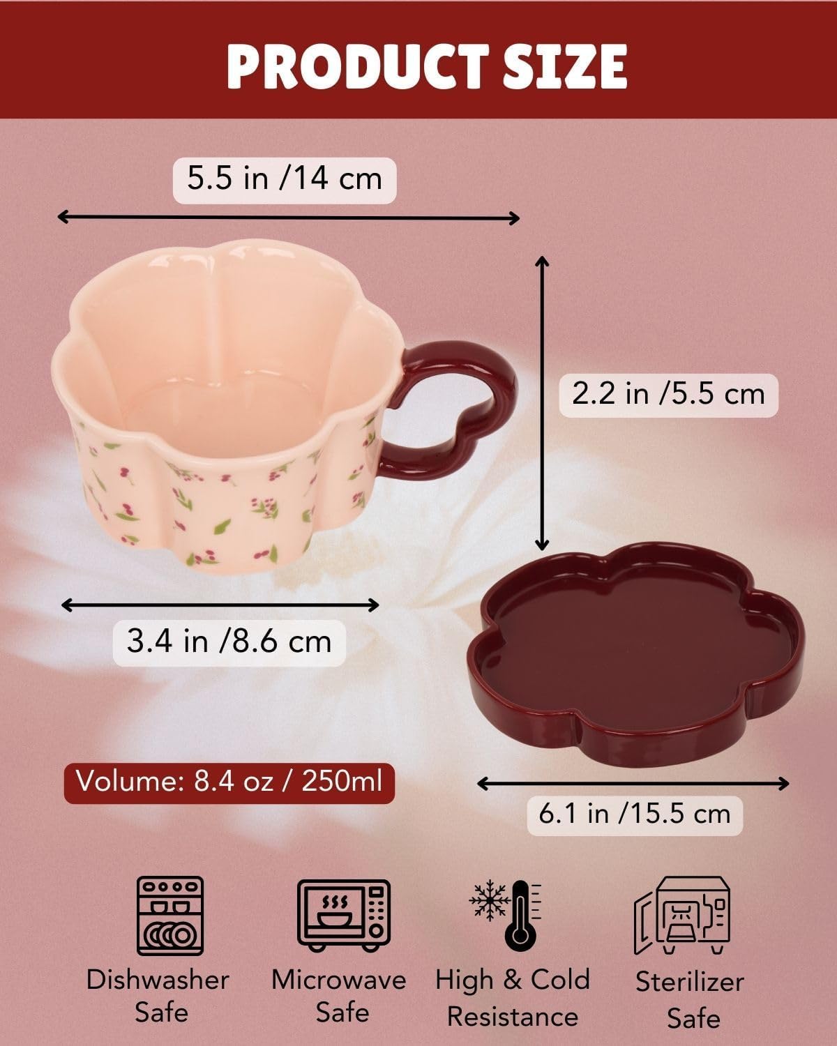 Ceramiczny kubek do kawy z zestawem spodków, 240 ml, uroczy kubek do biura i domu, idealny do herbaty, latte, mleka, zawiera kreatywną podkładkę kwiatową