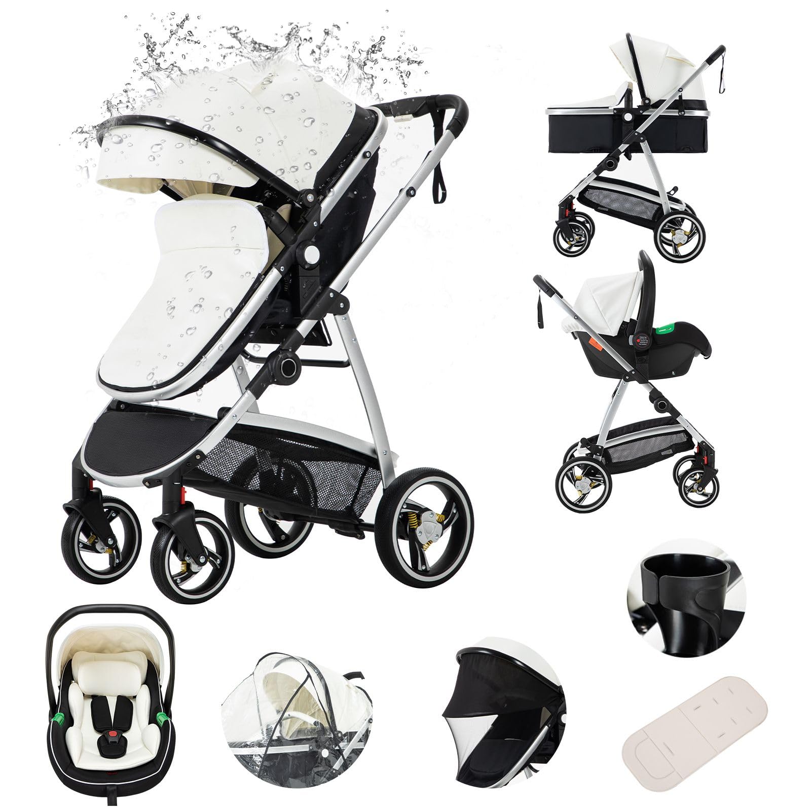 Poussette Combinée 3 en 1 Citadine Siège Auto ECE R129 Cadre Aluminium Nouveau-né 0-4 ans