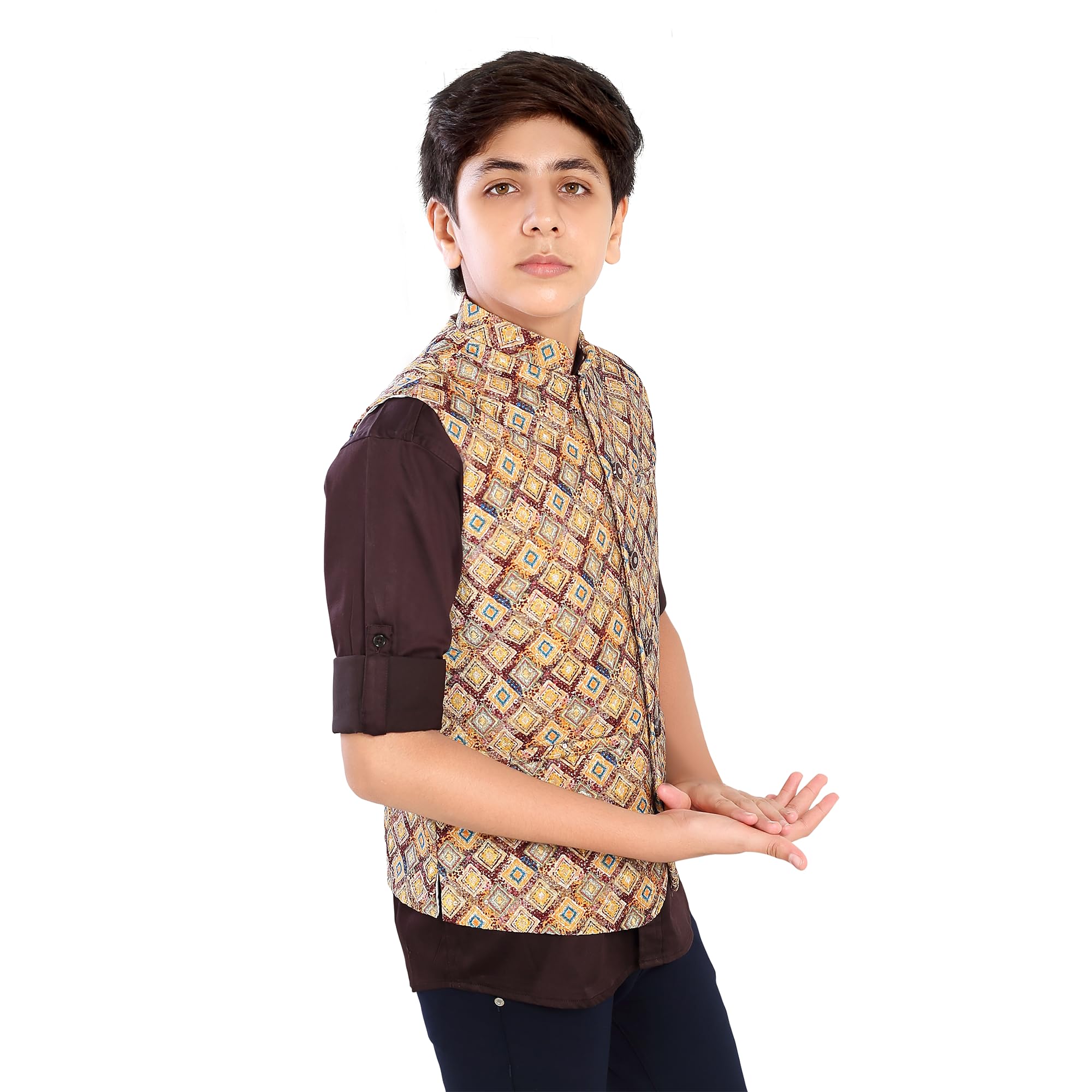 CHARCHIT Boys Yellow Printed Nehru Jacket and Shirt 2