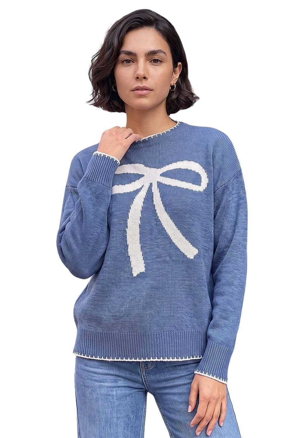 Roman Women's Blue Contrast Stitch Bow Knit Jumper In | : Size 16