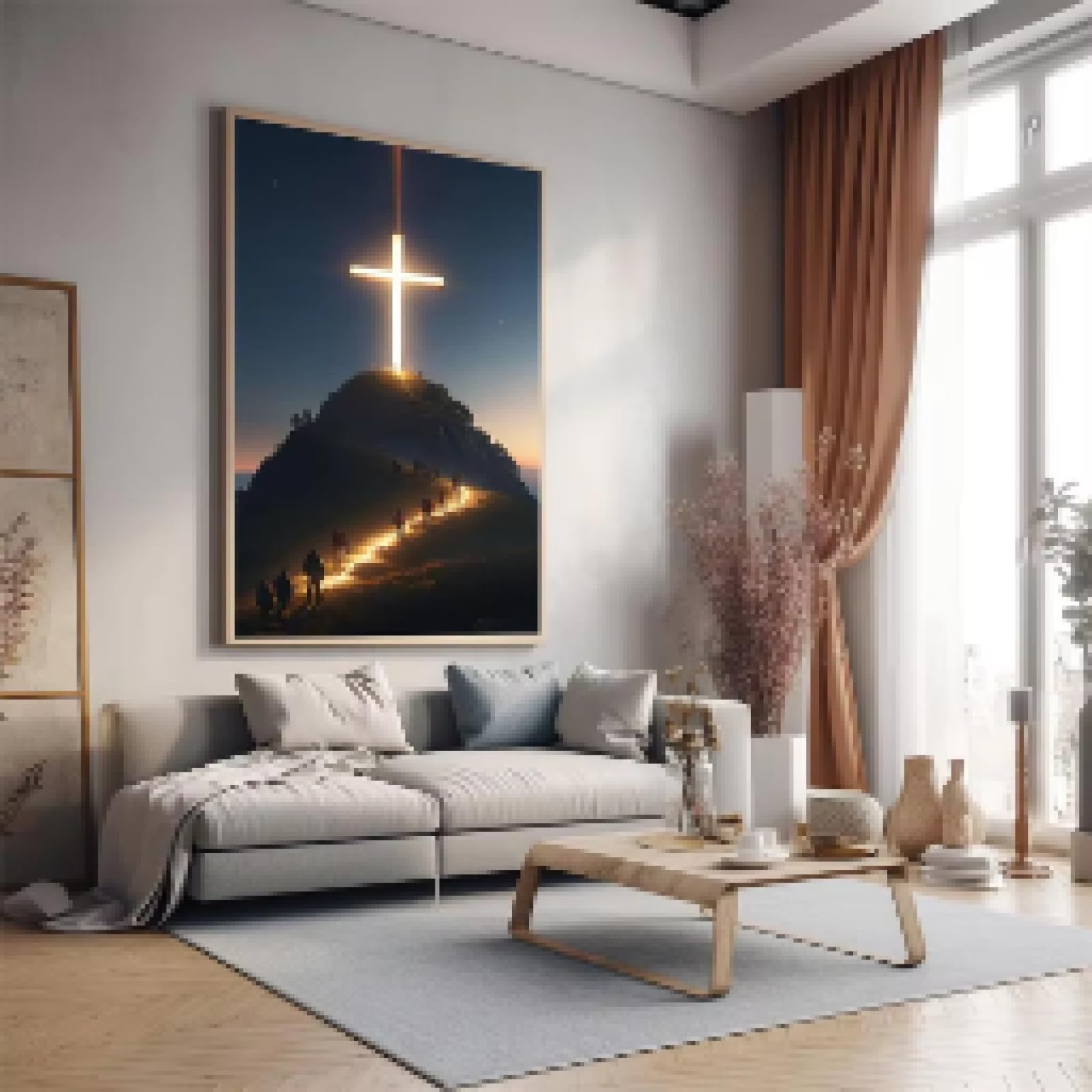 lianyibo Cruz cristiana moderna en la cima de la montaña, arte mural, lienzo, pintura, Jesús, creyentes, carteles, hogar, iglesia, decoración, marco de 80 x 140 cm