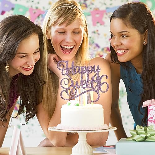 Miniatura 3 de Happy Sweet 16 - Decoración para tartas de cumpleaños de 16 años, decoraciones de feliz cumpleaños de 16 años para niñas y niños, purpurina morada
