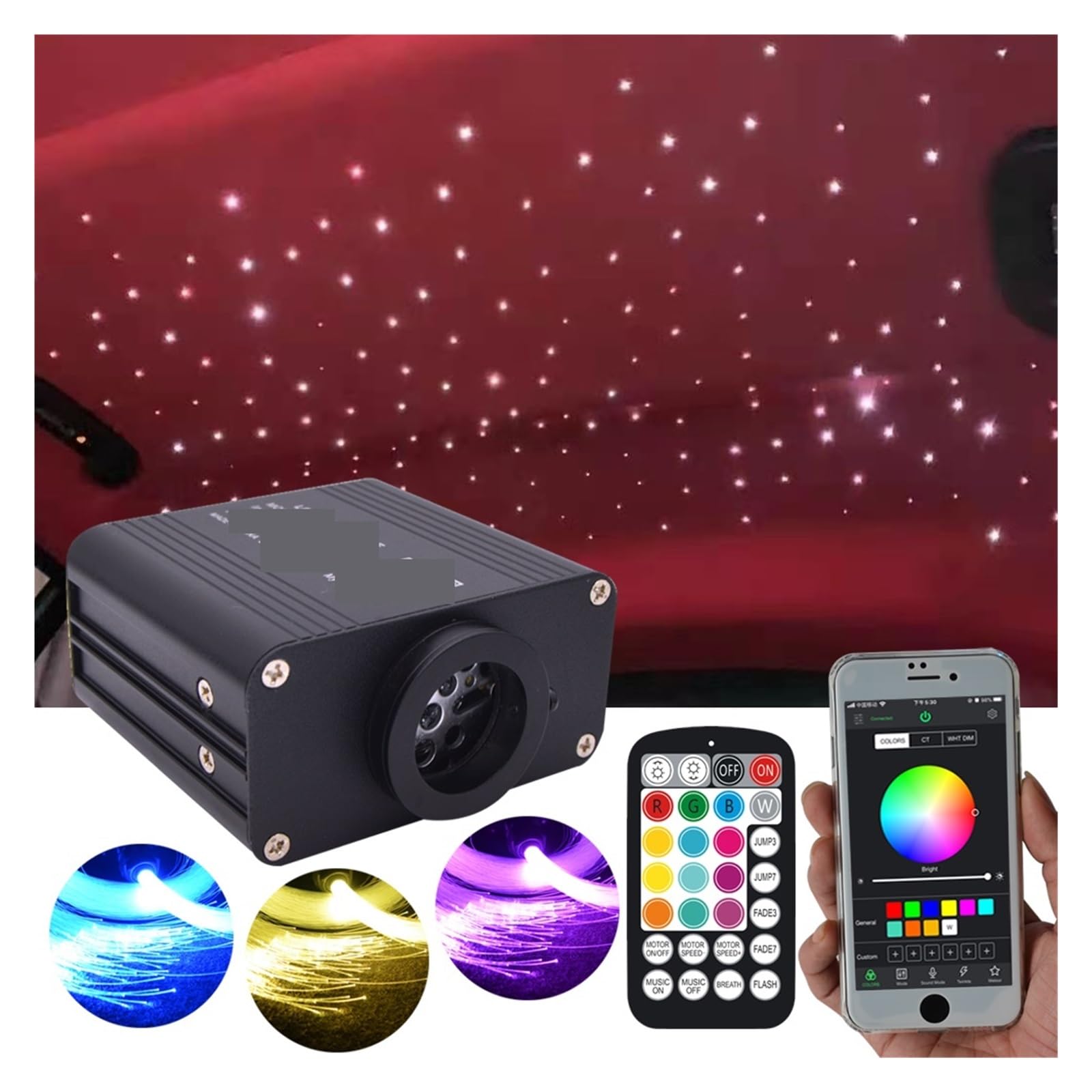 Oświetlenie wnętrza samochodu LED, 16W Twinkle RGBW Światłowodowy gwiazdowy zestaw lamp sufitowych Sterowanie aplikacją na smartfona Dach samochodowy Starry Sky Światłowodowe światło Światła nastrojow