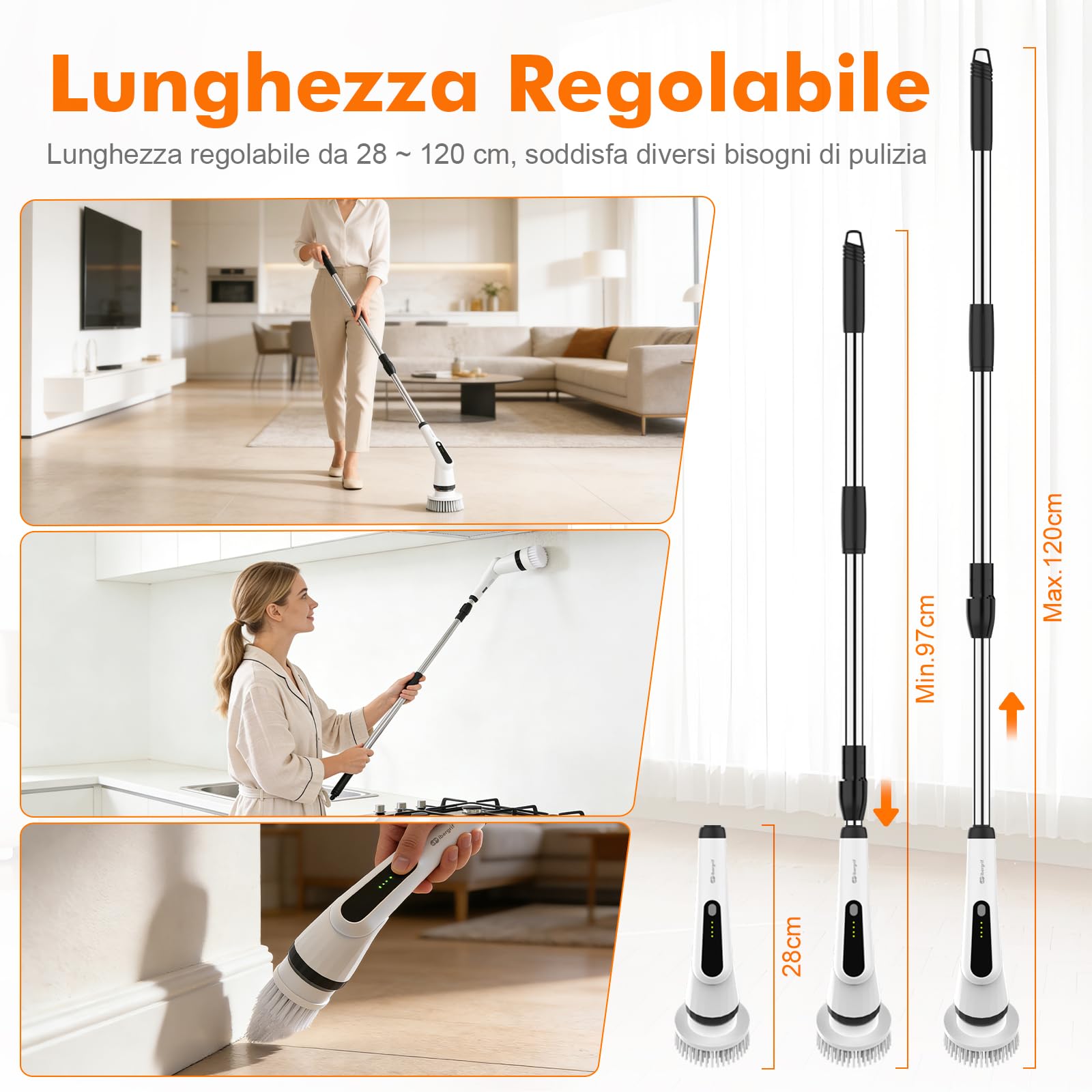 Ibergrif M34104 Spazzola Elettrica Rotante per Pulizia Casa, Spazzola Rotante Pulizia Casa con 6 Testine Sostituibili, IPX7 Impermeabile, Manico Telescopico Regolabile per Bagno, Cucina