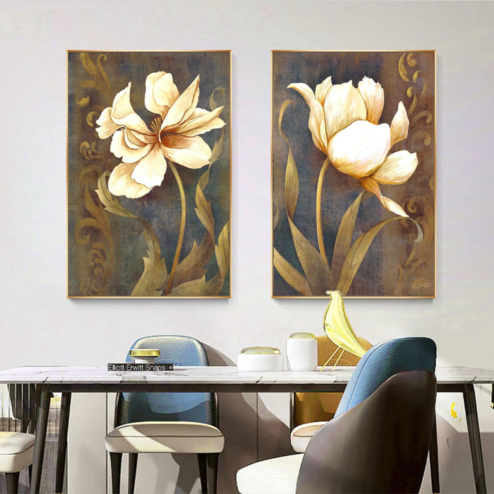 Lienzo con marco Retro Flor dorada Cartel Planta Lienzo Pintura Arte de la pared Imágenes Sala de estar Decoración del hogar 60x80cmx2pcs Marco interno