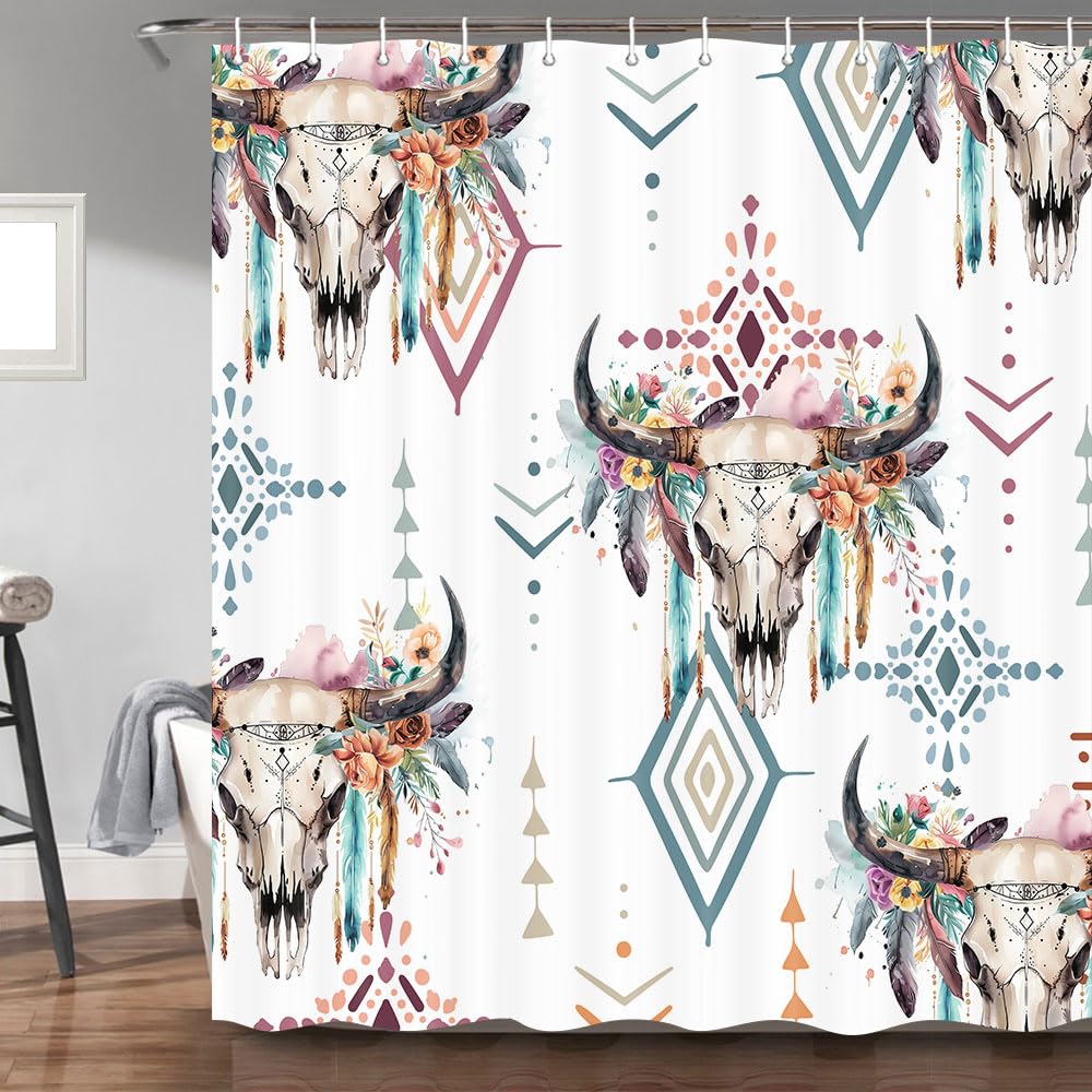 Bzhilja Western Bull Skull Shower Curtain for Bathroom, Boho Cow Longhorn Skull Head Decor Bath Curtains, Flower Farmhouse Country Waterproof Fabric