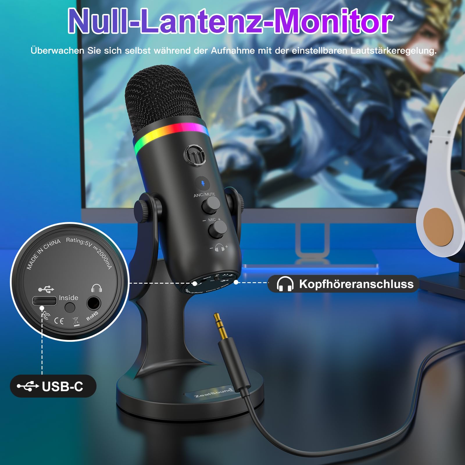 zealsound USB Mikrofon, RGB Gaming Mikrofon für PC, Handy & iPhone, mit Rauschunterdrückung, Stumm & Echo, Kondensator-Tischmikrofon für Podcast, Streaming, Twitch, YouTube, Discord auf Windows & Mac