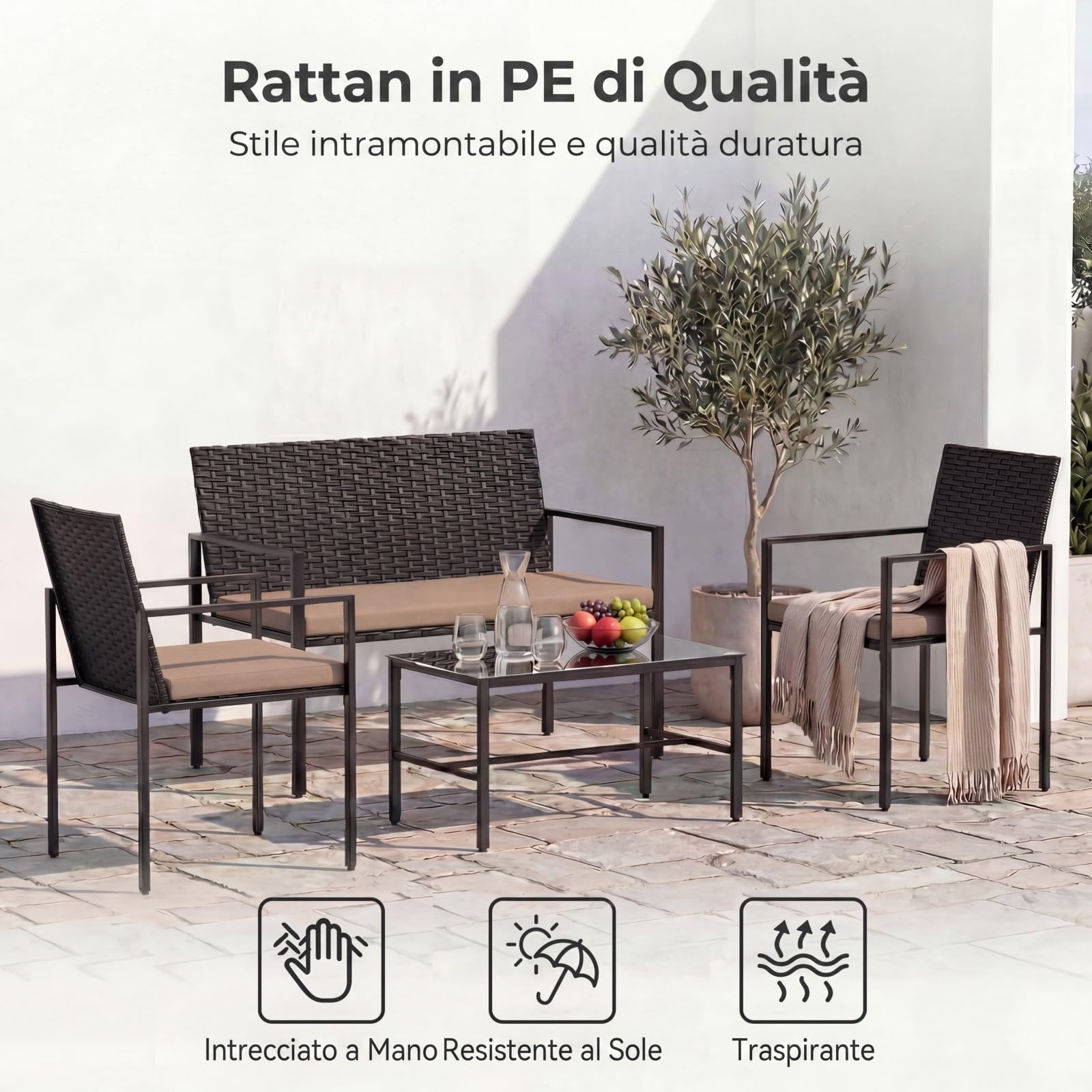 SOARS Set Salotto da Giardino in Rattan 4 Pezzi, Set Mobili da Eterno con 2 Poltrone, Divano a 2 Posti, Tavolino con Piano in Vetro Temperato e Comodi Cuscini per Cortile, Bordo Piscina (Marrone)