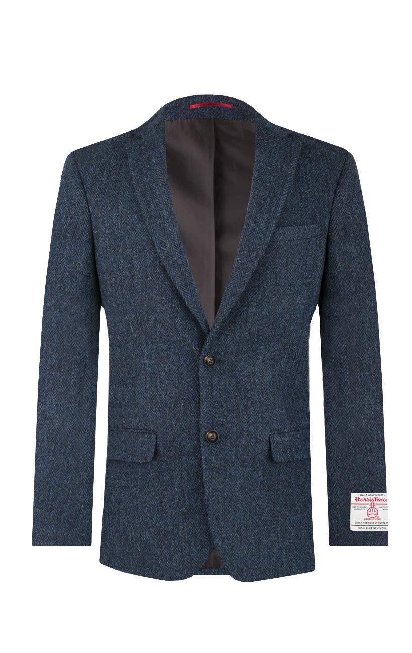 Dobell Men's Blue Harris Tweed Herringbone Suit Jacket Regular Fit 100% Wool-42R