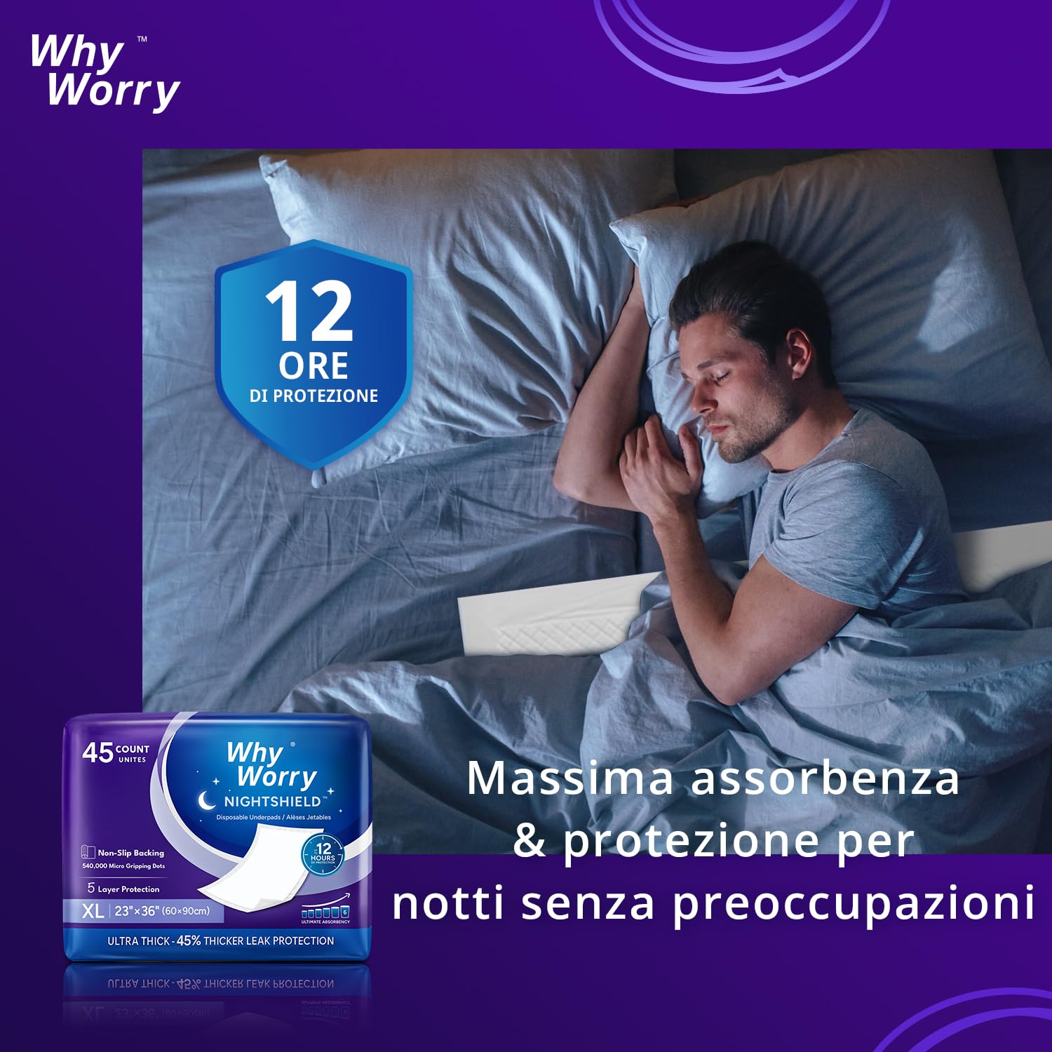 WhyWorry NightShield Traverse Letto Anziani, 60 x 90 cm Traverse Salvaletto per Incontinenza Adulti, Traversa Assorbenti Monouso Salva Materasso, Impermeabile e Antiodore, Donna e Uomo, 90 Pezzi
