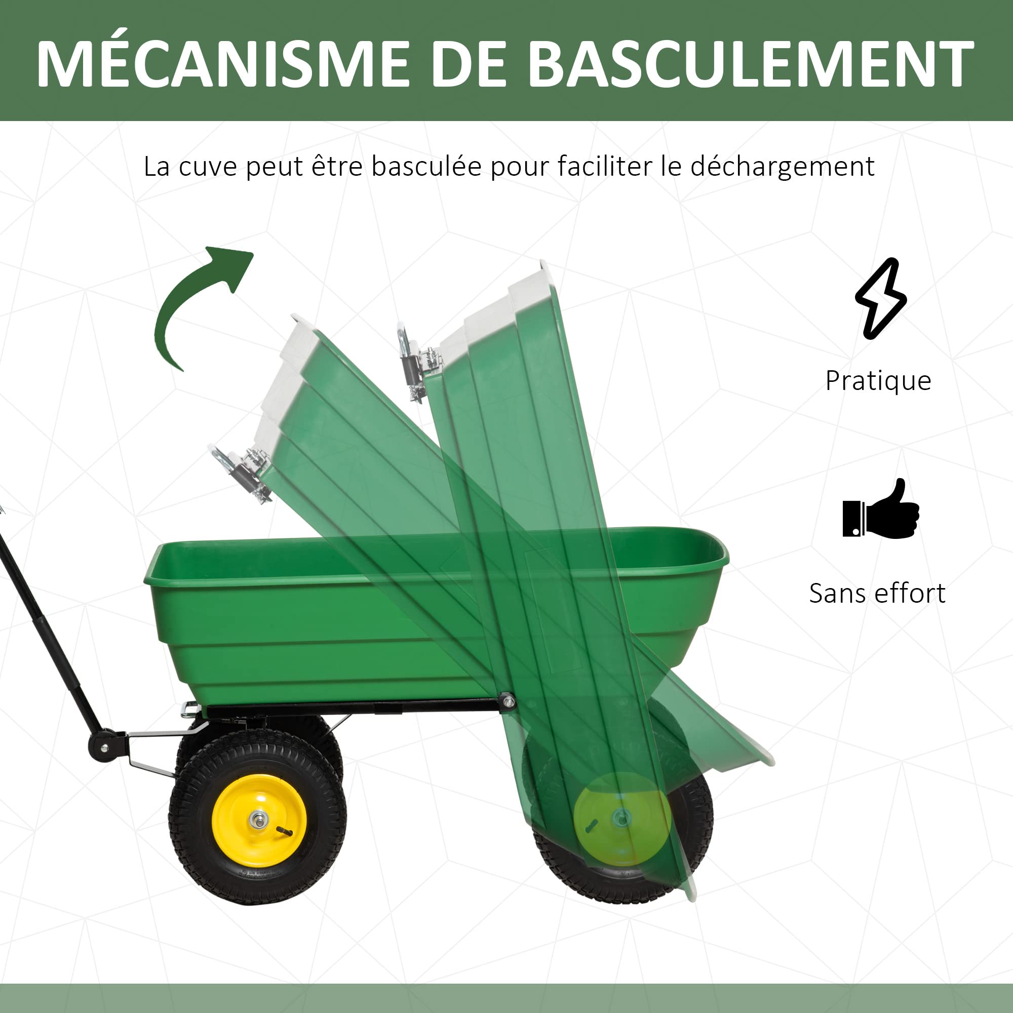 Outsunny Chariot de Jardin à Main Benne basculante 75° 125L Charge Max. 200 Kg 4 Roues pneumatiques Acier PP Jaune Vert