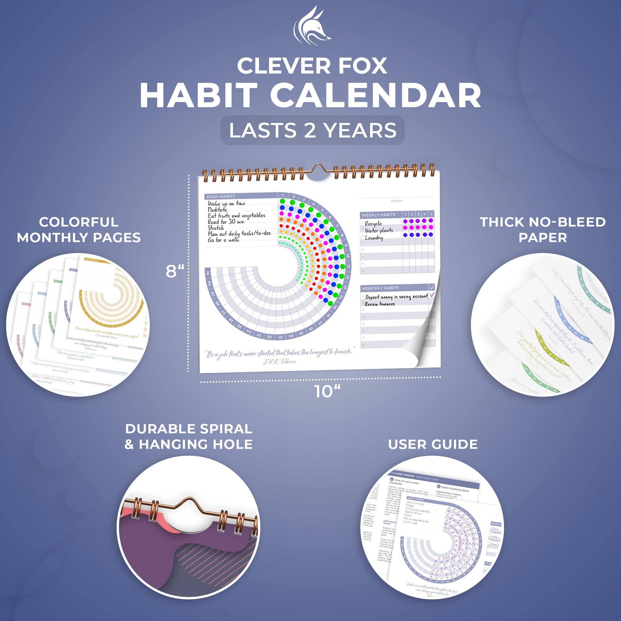 Clever Fox Calendrier Des Habitudes Circulaire – Tracker 24 Mois Non Daté – Pages Colorées & Motivantes – Blanc & Lavande