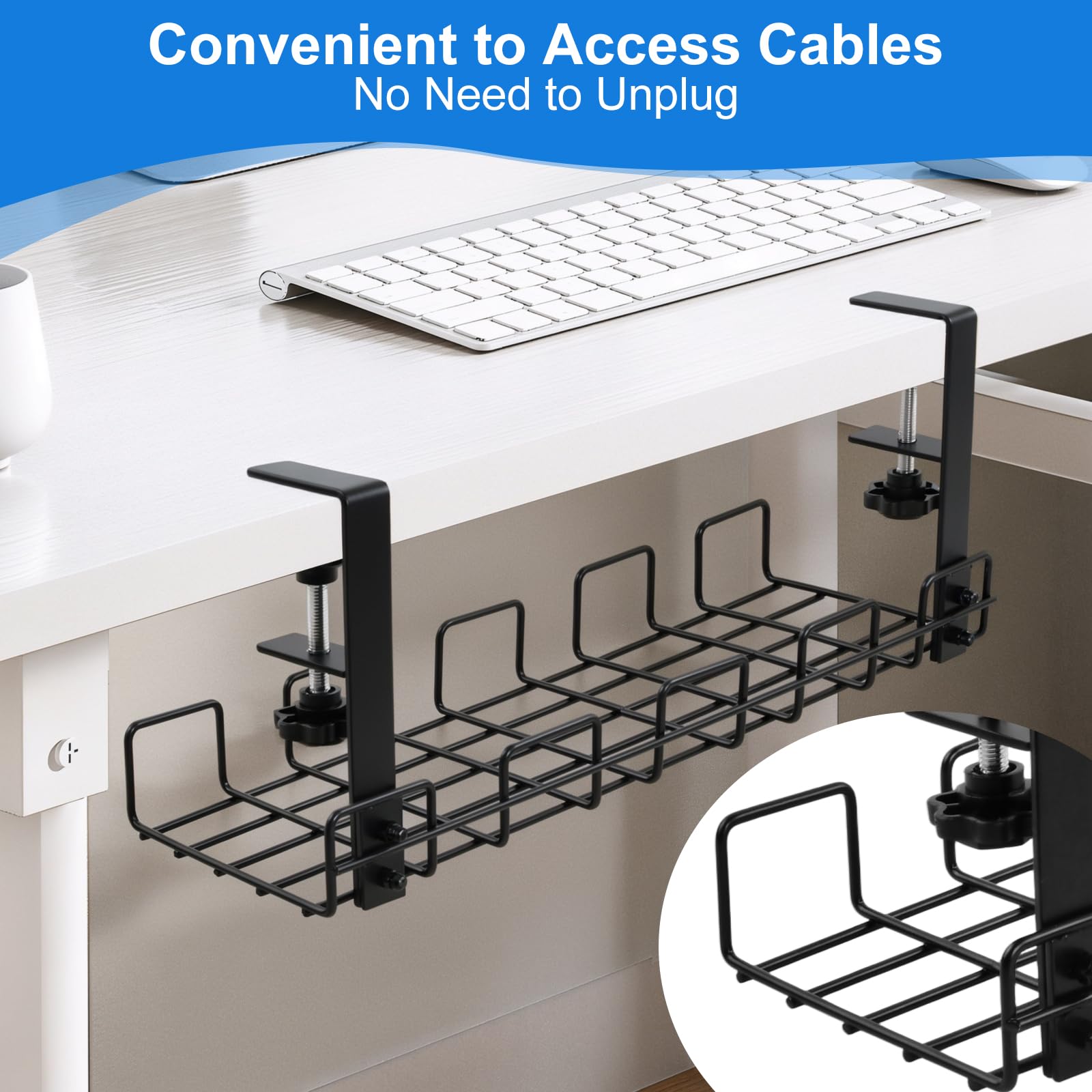 2 Plateaux de Gestion des Câbles sous Bureau, sans Perçage Chemin de Câbles en Métal, Rangement Multiprise avec Pince Ajustable pour Bureau et Maison