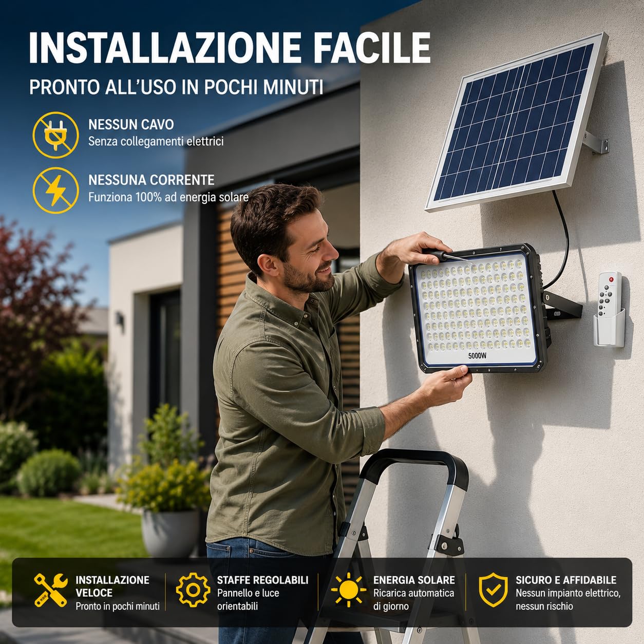 Faro Solare LED Esterno 5000W, 320 LED ad Alta Luminosità, IP66 Impermeabile, Luce Bianca Fredda 6500K, Telecomando, Autonomia fino a 12 Ore, Illuminazione per Giardino, Garage, Cortile e Terrazzo