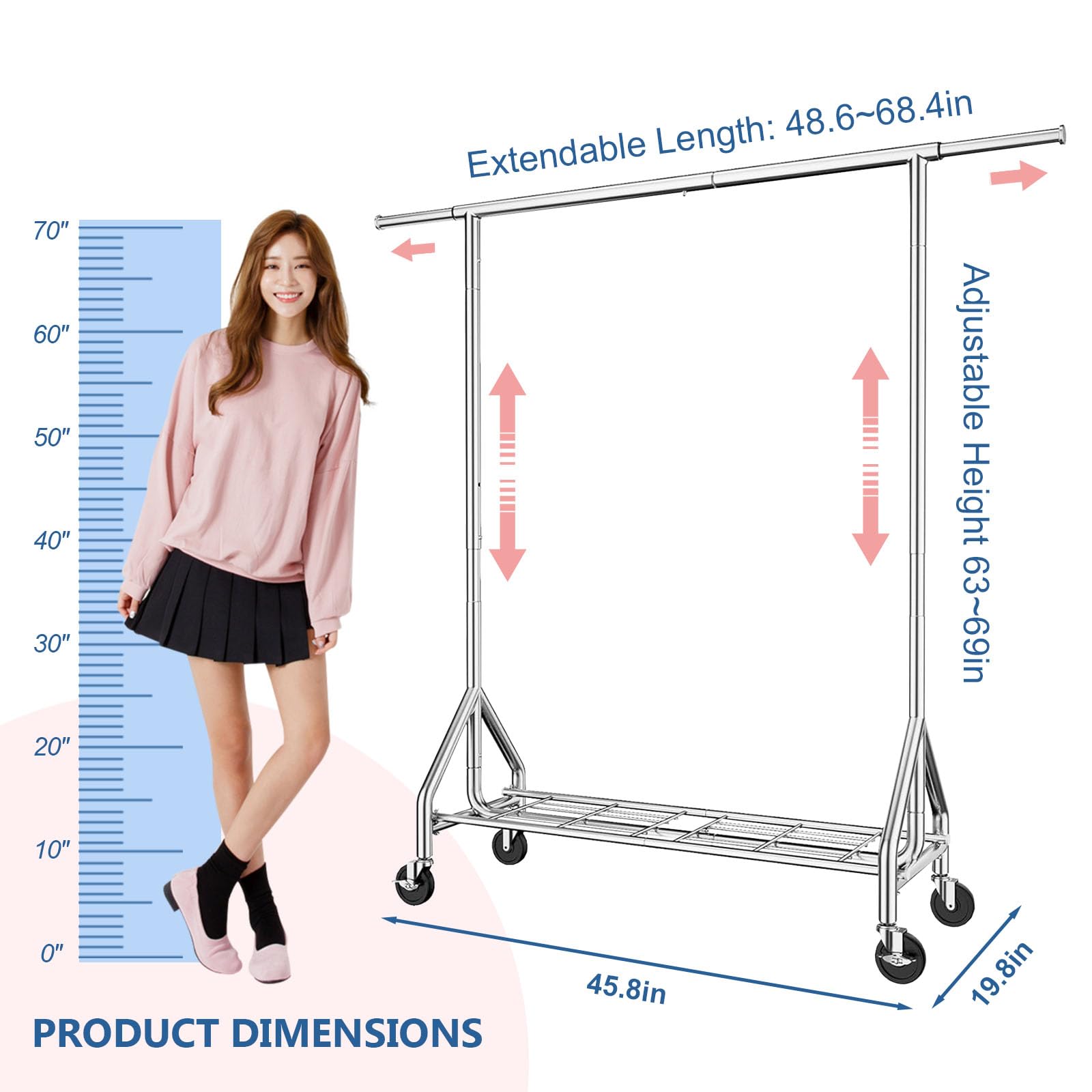 Perchero Burro Ropa,Extensible,Ruedas Grandes | 100% Acero Inoxidable,Carga 345 kg, Extensible con Estantes