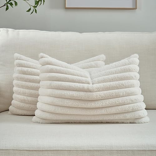 Miniatura 82 de FUTEI - Juego de 2 fundas de almohada decorativas con rayas de color naranja, 20 x 20 pulgadas, cuadradas y primaverales, piel sintética de conejo