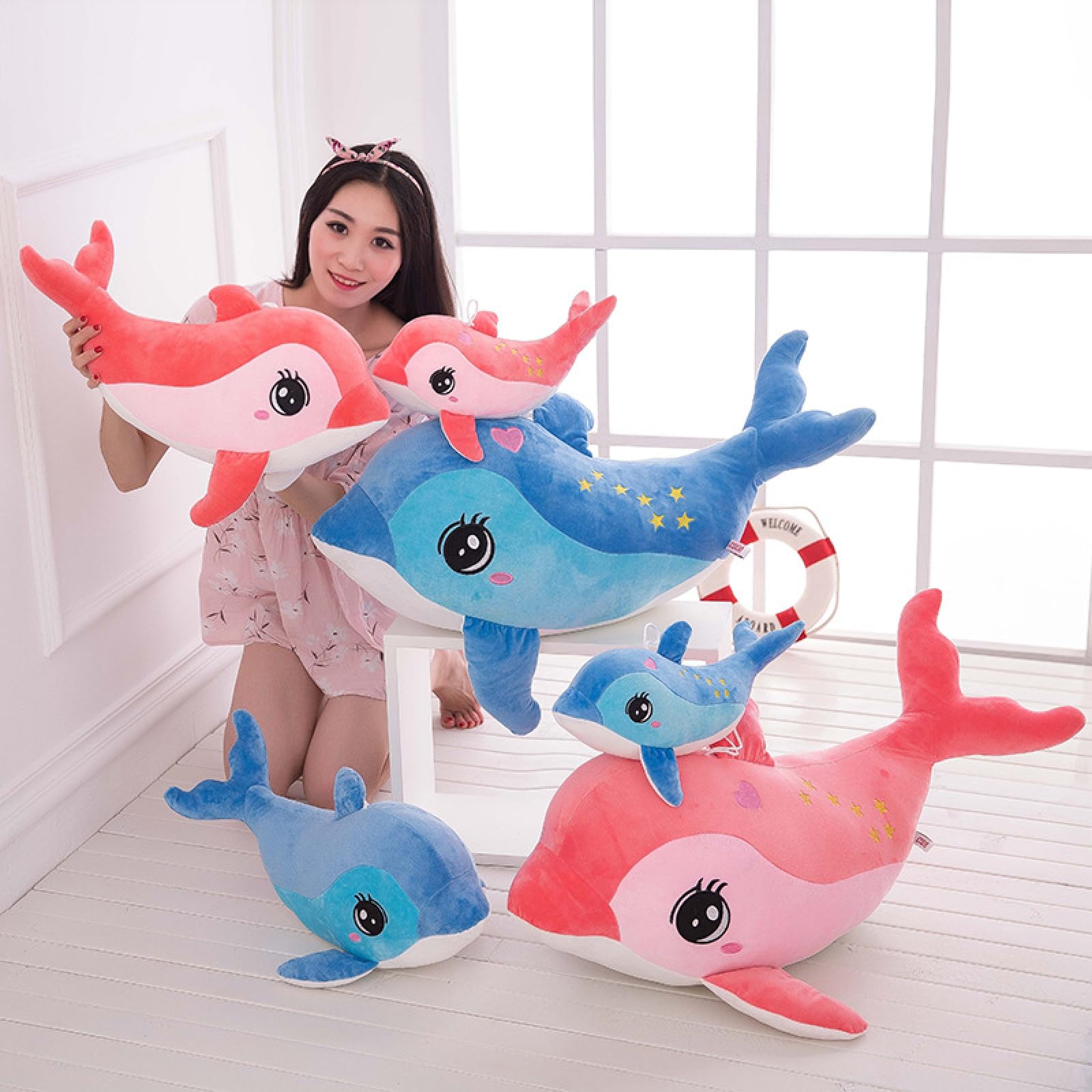 Peluche a forma di delfino per bambola, per giocare e coccole, morbido peluche per ragazze, ragazzi, bambini (40 cm, blu)