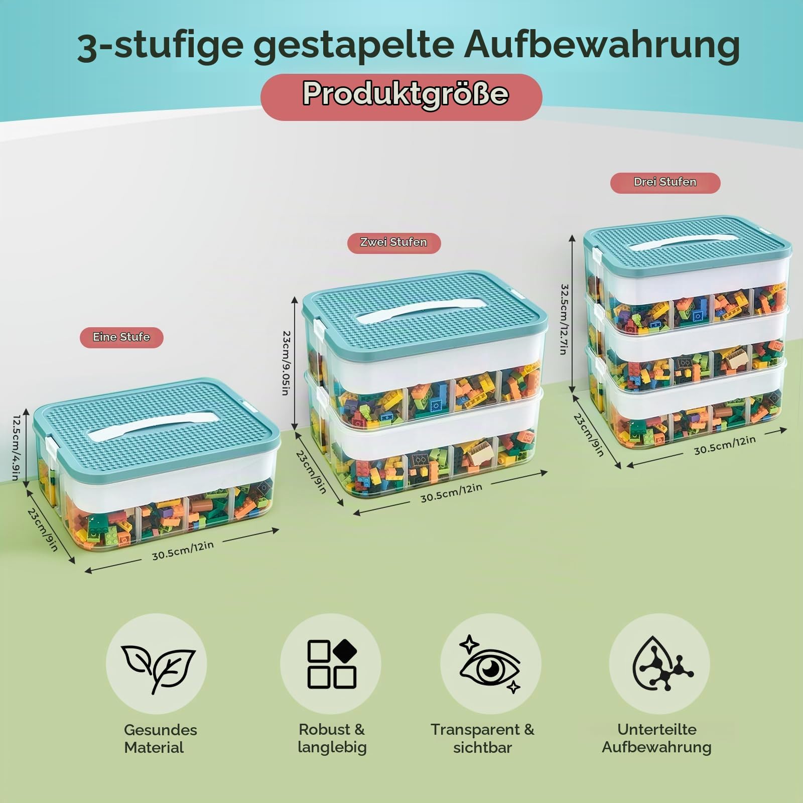 Kinder Aufbewahrungsbox mit Deckel für Lego Bausteine, 3 Stufen | Aufbewahrungsboxen für Lego, Stapelbar Kunststoff Aufbewahrung Transparent mit FäChern zur Aufbewahrung von Kinderspielzeug