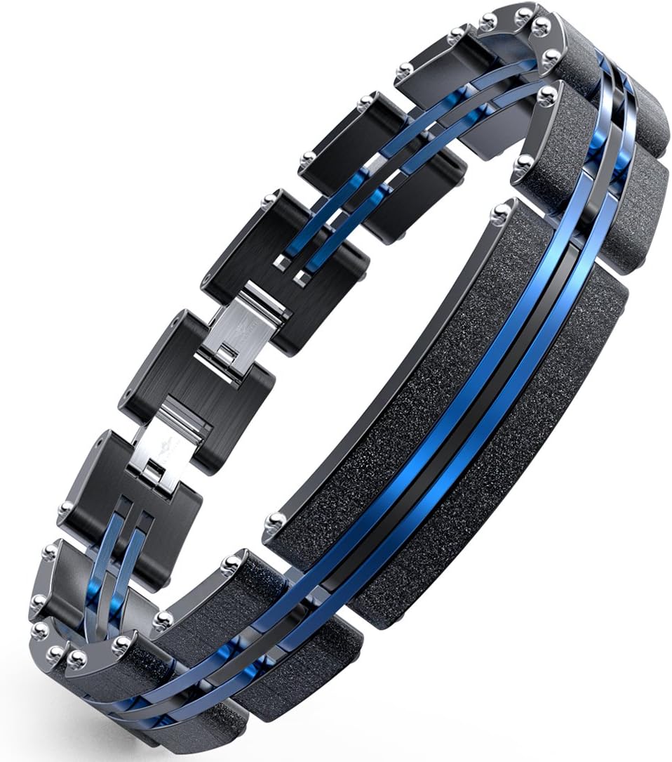 WANGOK Men Bracelet Stainless Steel Bracelets Black and Blue Links with Fashion Sand Blasting Bracelets for Men in 7.8-8.5" (with Centre Plate)