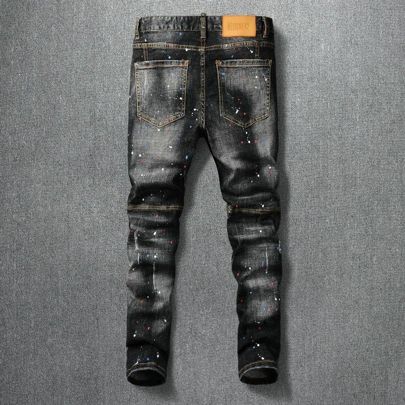 Mens Street Designer Jeans Retro Stretch Slim Fit Painted Ripped Jeans Men Hip Hop Vintage Denim Pants2