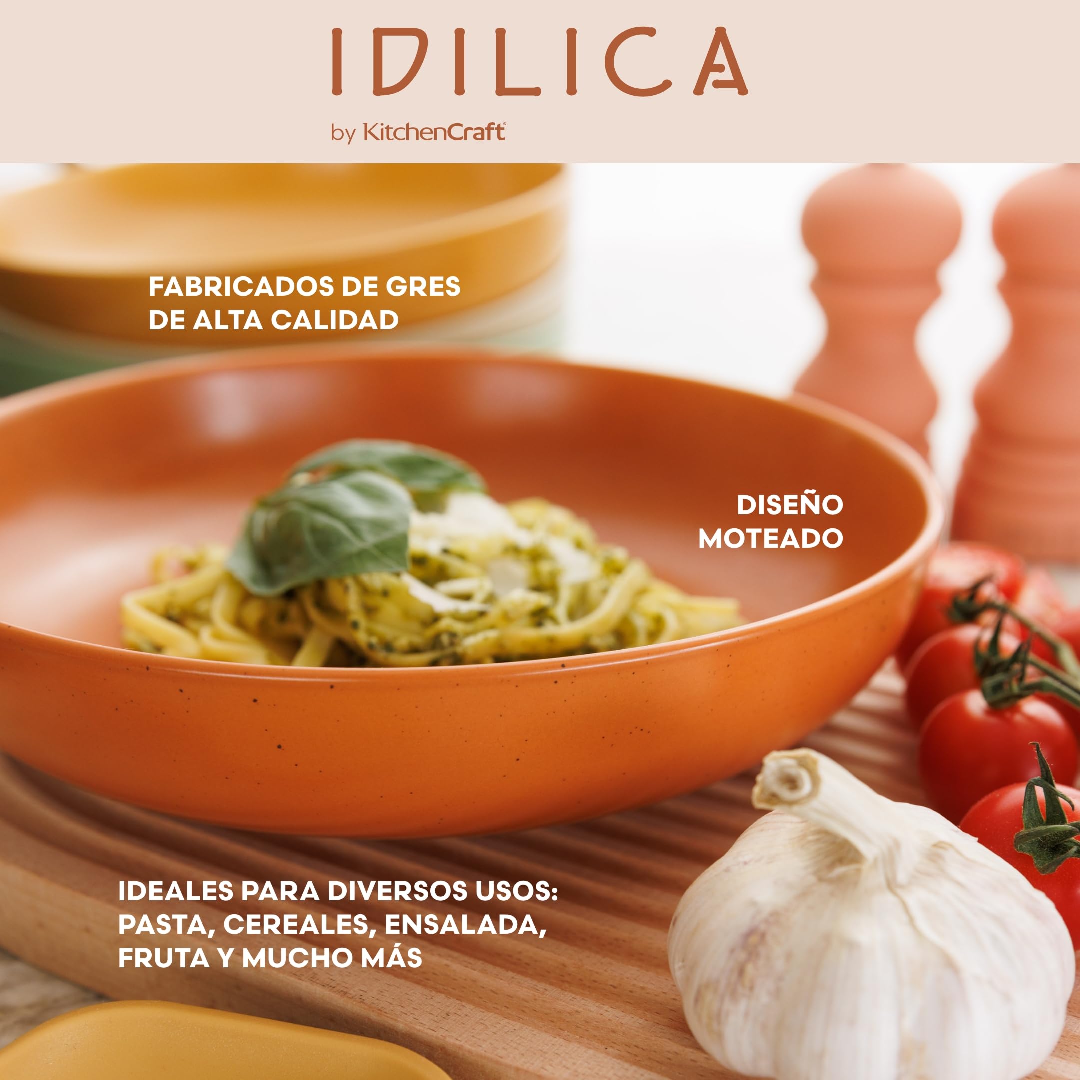 KitchenCraft Idilica Tazones de Pasta de Gres, Juego de 4 Tazones de Cerámica poco profundos, Aptos para Microondas y Lavavajillas, Colores Surtidos