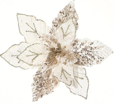 10.7 Large Glitter Christmas Flowers 6 Pcs Artificial Poinsettia Flower Ornaments Fold Floral for Christmas Tree Decorations Xmas Tree New Year Wedding Centerpiece Cream White