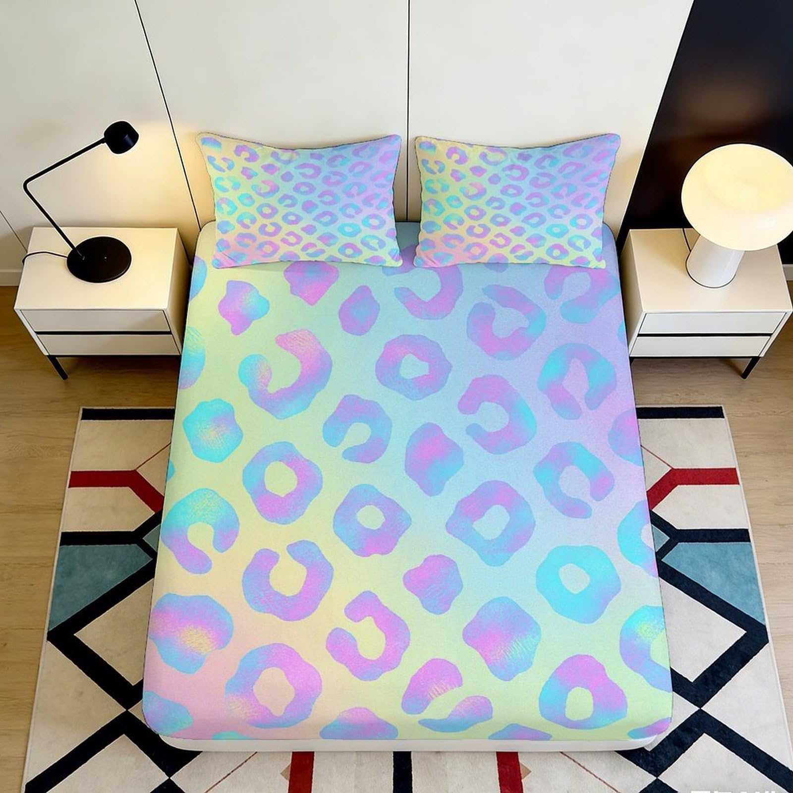 3D Printed Pastel Leopard Fitted Sheet Microfiber Soft Gradient Rainbow Mattress Cover for Bedroom Guest Room Apartment Decor 90x200x25cm