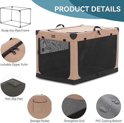 Vista 70 de PETSFIT Jaula plegable para perros, con cubierta de tela ajustable patentada, puertas de malla a prueba de mordeduras y con bloqueo, base Gris