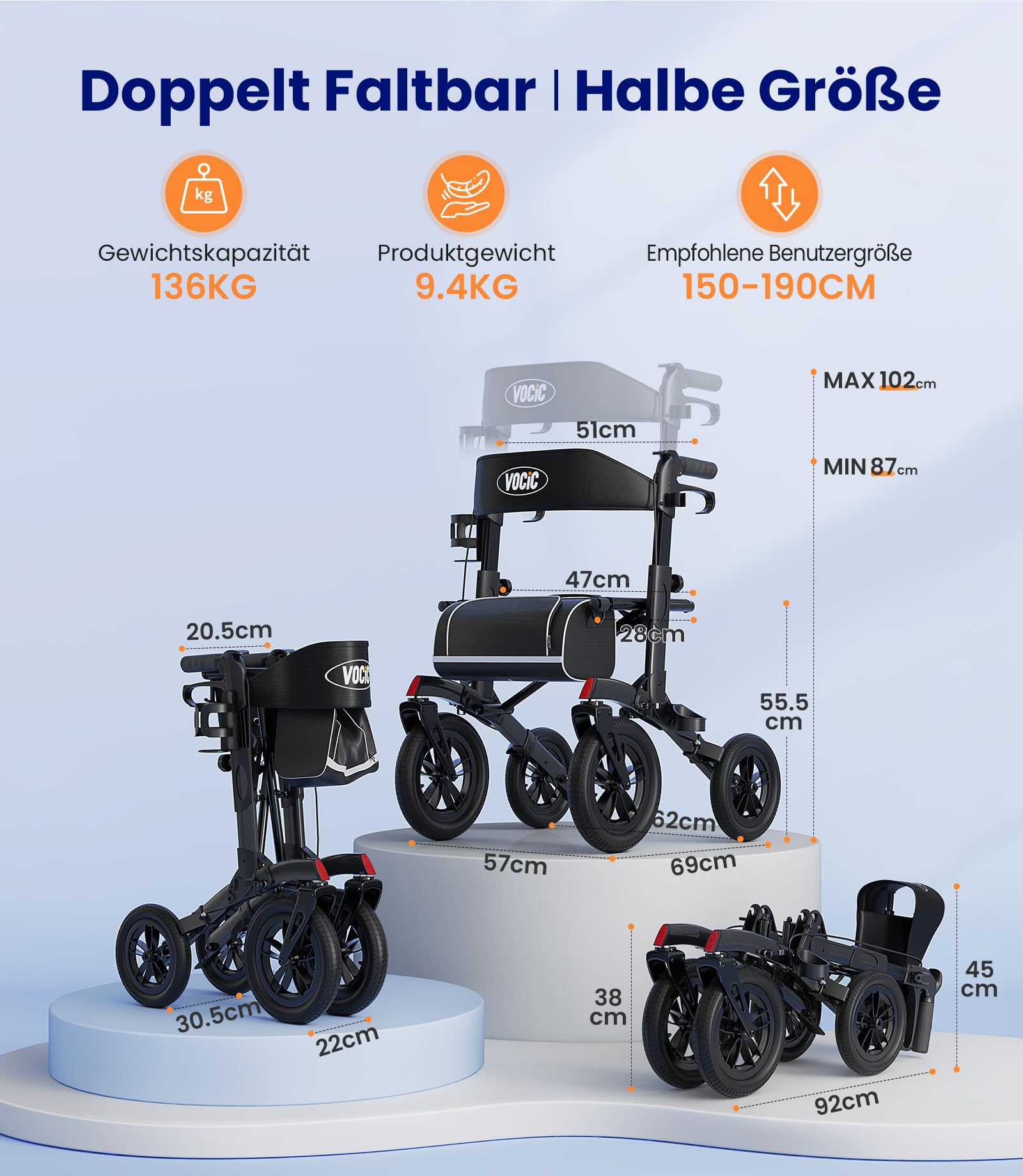 VOCIC Rollator Faltbar und Leicht mit Sitz Z52 Outdoor Walker Allen Gelände | Gummi-Nonluftbereifung, Aluminium Höhenverstellbare Rollatoren für Draußen & Langlauf & Reisen, Schwarz(5 Jahre Support)