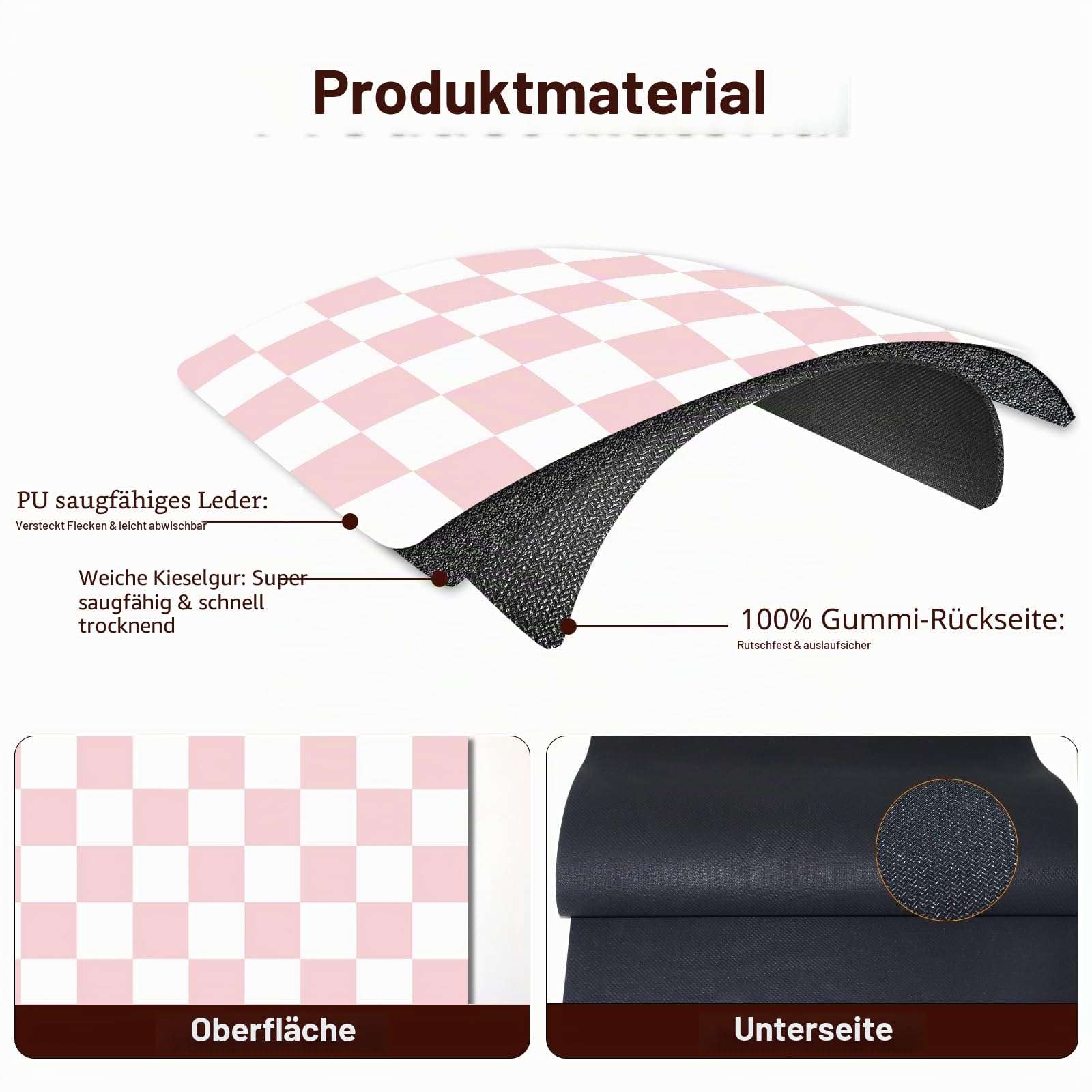Trocknungsmatte für die Küche, 40 x 45CM Kaffee Bar Matten für Arbeitsplatte Fit Unter Kaffeemaschine, Verstecken Fleck Gummi Backed Espresso Maschine Saugfähige Trocknungsunterlage, Rosa & Weiß