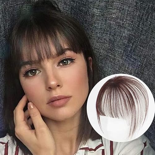 viviaBella Flequillo de cabello humano con clip en 3D con flequillo de aire real una pieza con clip base de seda hecha a máquina 3D marrón claro