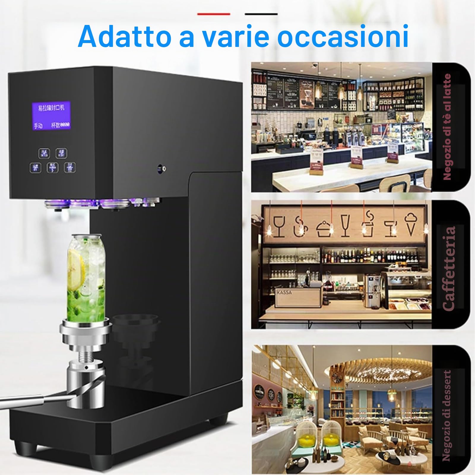 Sigillante automatico per lattine con portabicchieri in acciaio inossidabile, macchina commerciale di tenuta a più altezze per negozi di tè al latte, ideale per casa, bar, ristoranti e negozi di
