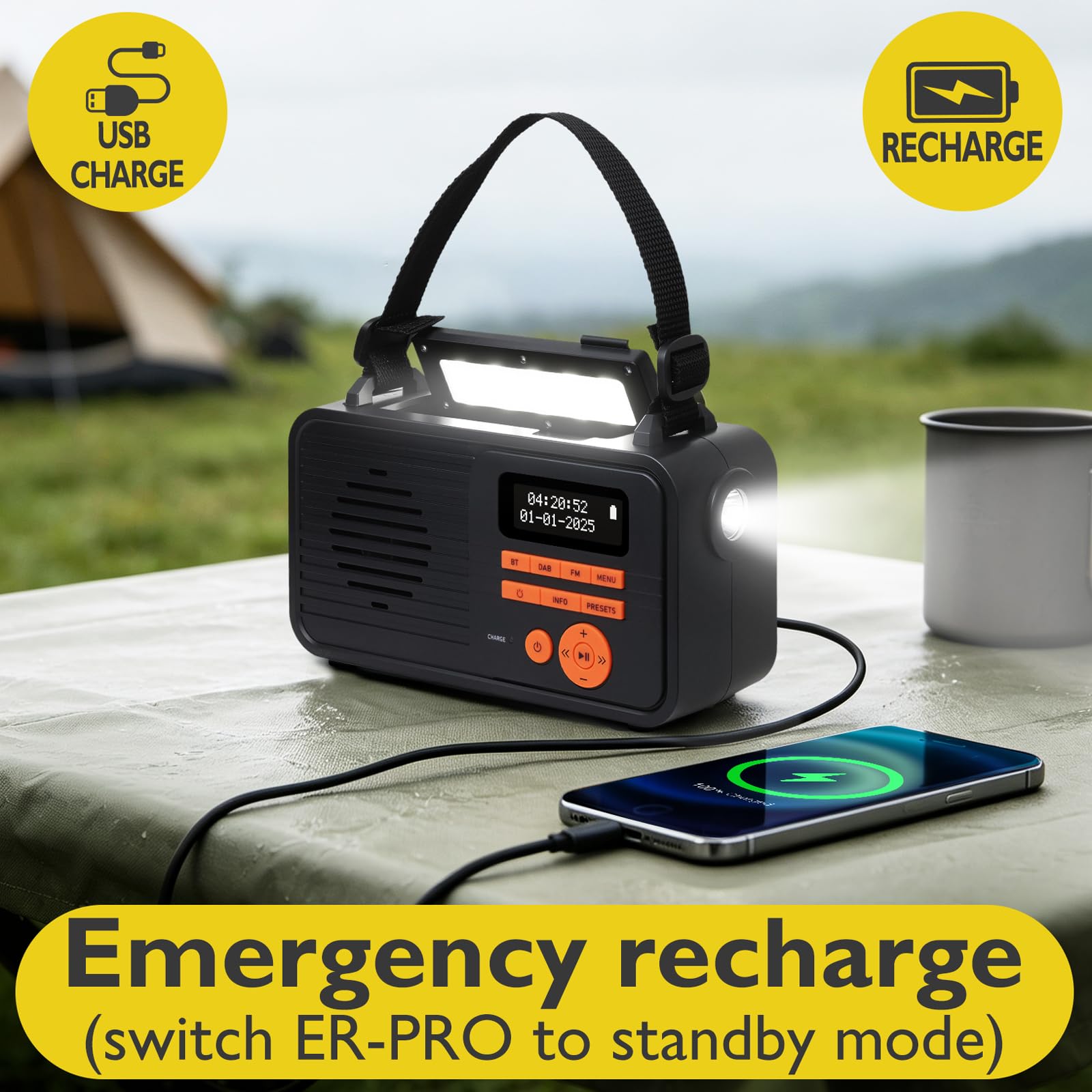 ER-Pro - Radio a manovella solare, radio DAB/FM/Bluetooth (nero)