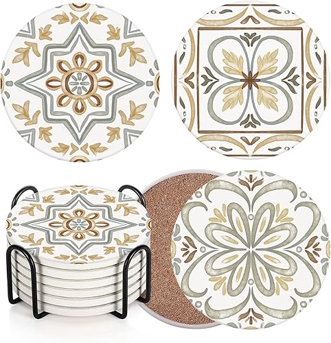 Juego de 6 posavasos para bebidas, cerámica gris, turca, marroquí, tapete de piedra de cerámica absorbente, con base de corcho y soporte de metal,