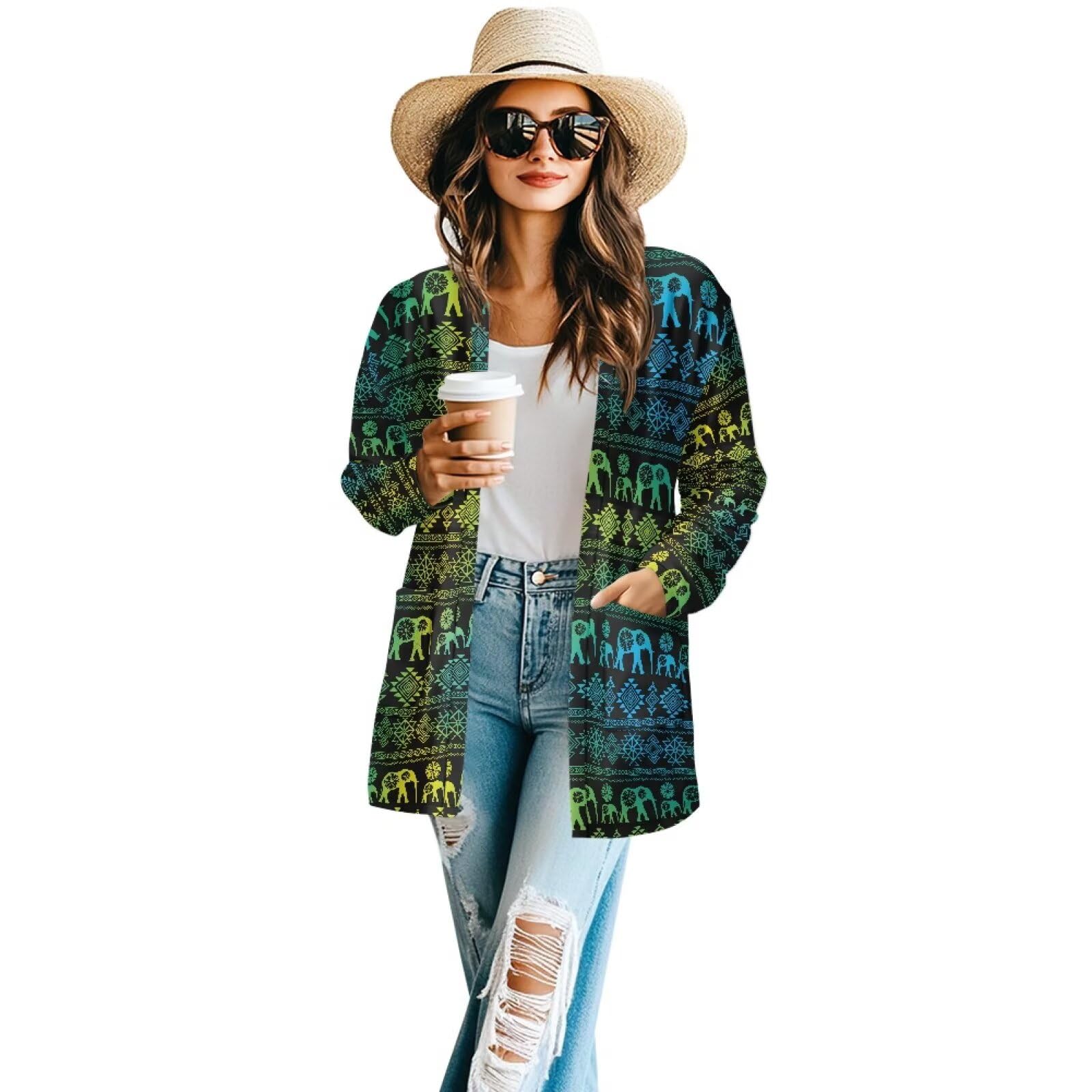 Women's Aztec Open-Front Jacket Lightweight Casual Outerwear Native Western Aztec Pattern &amp; Plaid Houndstooth Print