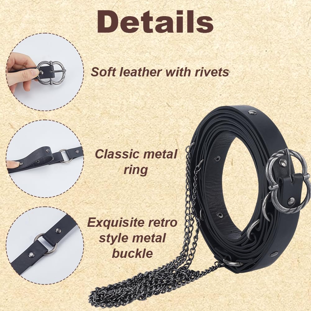 DELORIGIN Medieval DIY Faux Leather Metal Chain Belt Vintage Adjustable Waist Chain Belts Renaissance Thin Skinny Belt for Women Punk Pirate Dresses Rave Fantscy Costume Accessories (Black) - Image 4
