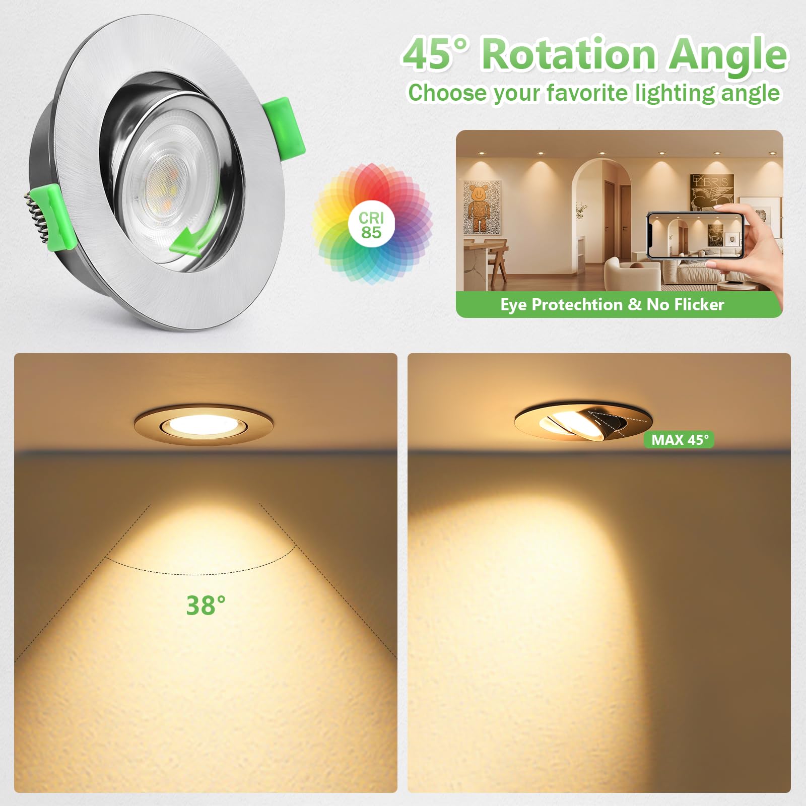 YindaLux Faretti da incasso 230V 5W Dimmerabile 2700K 4000K 6000K, Girevole a 45°, GU10 Faretti led soffitto Nichel, Diametro Foro Ø68-80mm, IP44 Faretto led da incasso per cartongesso, Set di 6