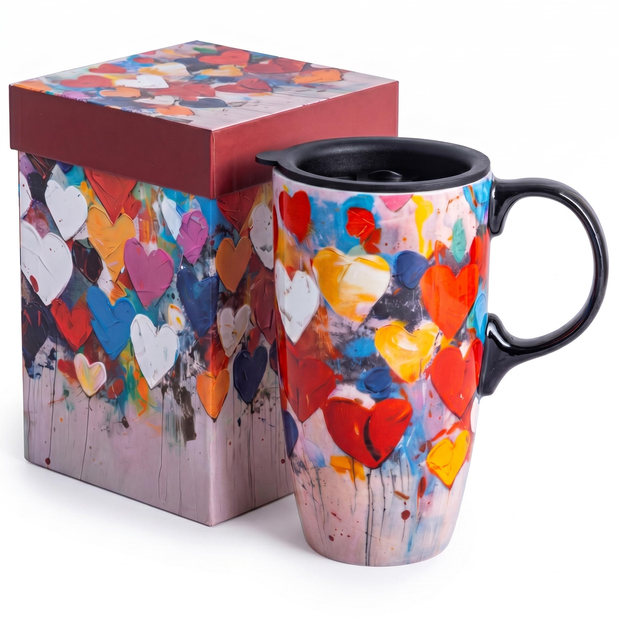 Topadorn Ceramic Travel Mug 17oz - Reusable Coffee Tea Cup with Sealed Lid and Handle - Microwave & Dishwasher Safe for Commute Office Home - Red Heart