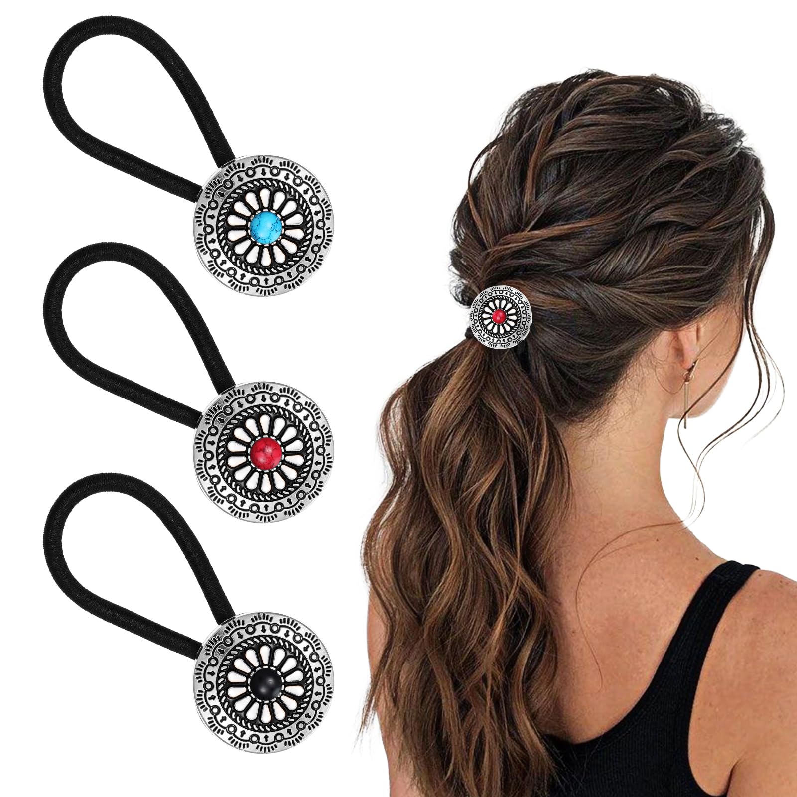 3Pcs Western Ponytail Holders, Metal Boho Hair Ties, Vintage Ponytail Accessories Flower Circular Hair Ropes Bracelet Turquoise Concho Squash Blossom Hair Bands for Women Girls Hair Decor