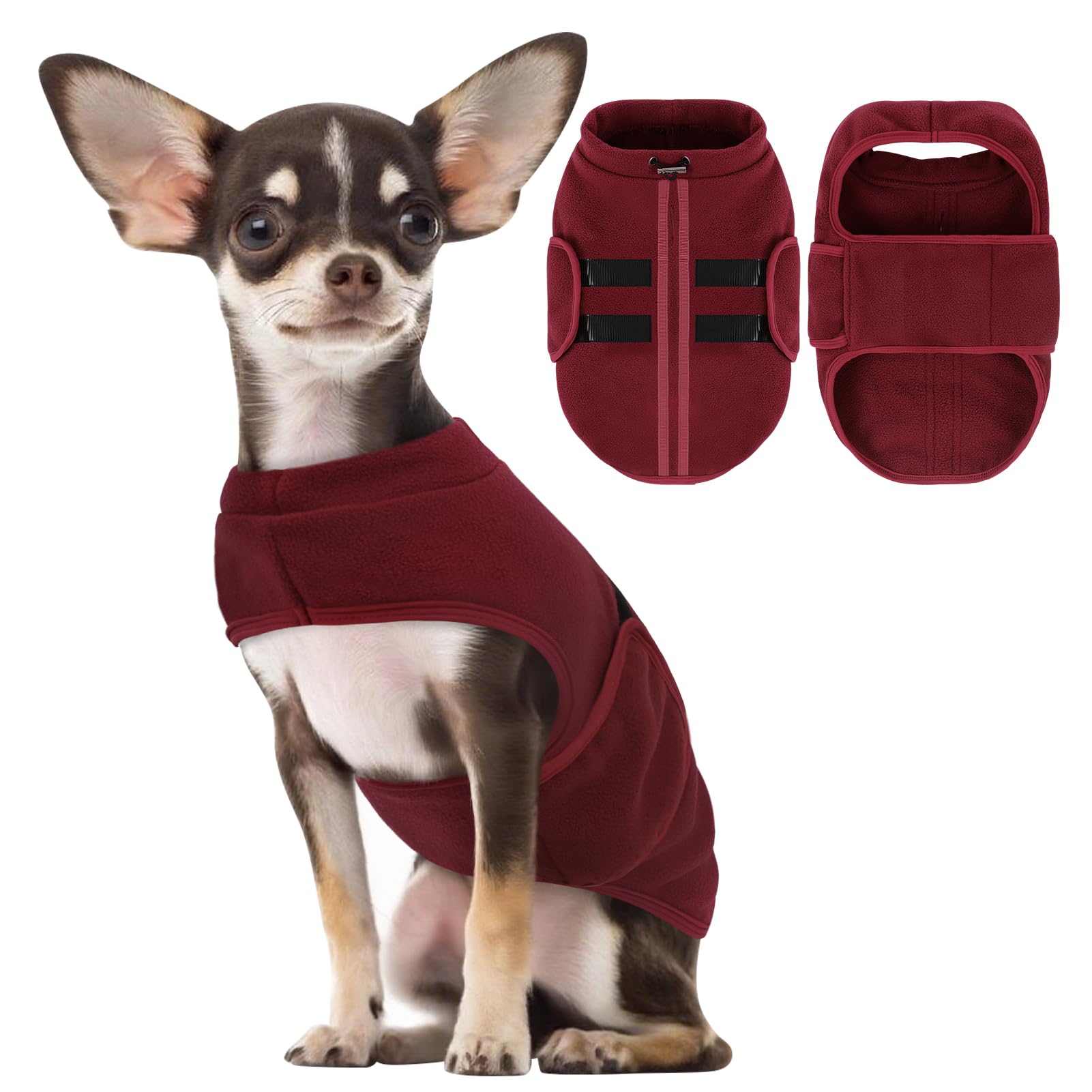 PUZAUKAL Adjustable Dog Fleece Jumper Vest, Warm Winter Dog Coat for Small, Medium & Large Dogs, Dachshund Chihuahua Yorkie Cozy Fleece Jackets (Burgundy XXS)