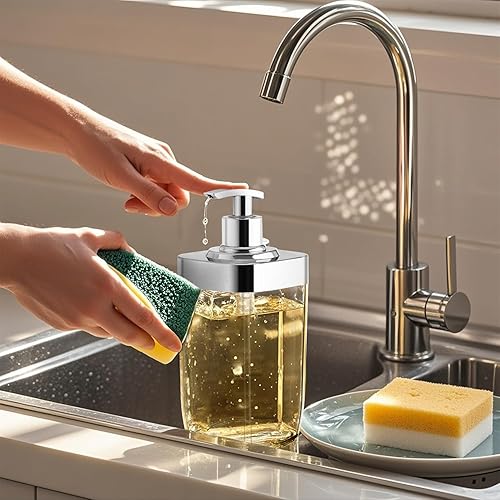 Miniatura 5 de Dispensador de jabón de cocina con soporte para esponja, botella de jabón recargable para encimera de cocina, dispensador de jabón para platos de