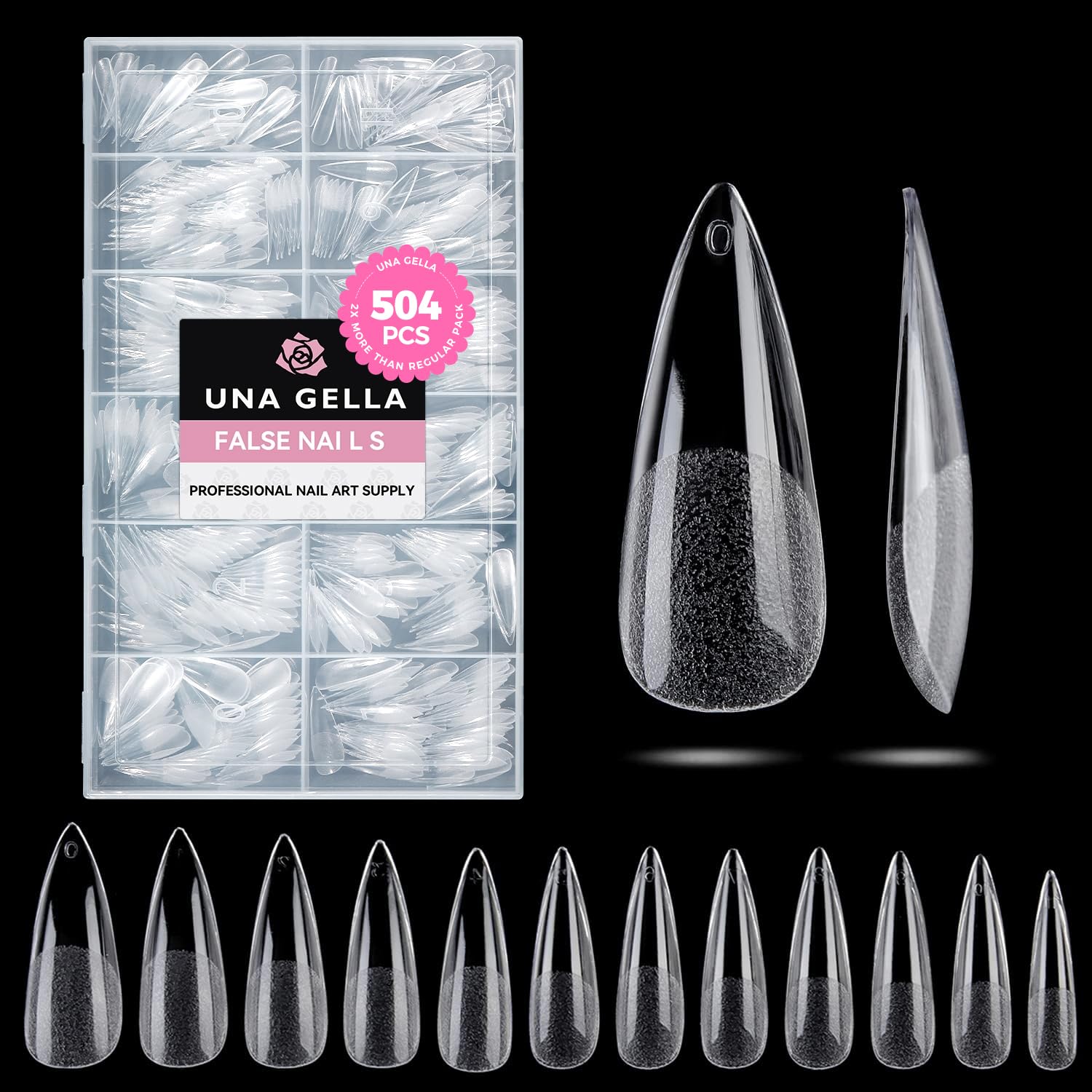 - UNA GELLA Long Stiletto Nail Tips 504PCS, Full Cover Pre-Etched Long Stiletto Clear Fake Nails Tips, Sturdy Acrylic Press on Nails, No C Curve Soft Gel Tip for Nail Extension DIY Nail kit 12 Sizes