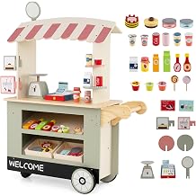 HOMASIS Wooden Grocery Shop with 30 Play Accessories Sales Stand Supermarket Set with 3 Wheels Grocery Trolley with Cashier POS & Scale Sales Trolley Roll Play for Children from 3 Years Green
