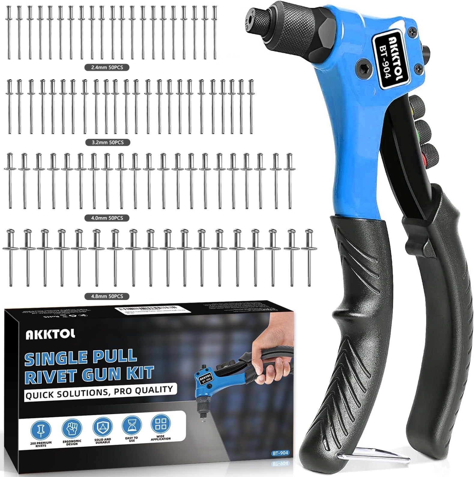 JiGiU Nietenzange Set - Blindnietzange Mit 200 Nieten & 4 Mundstücken