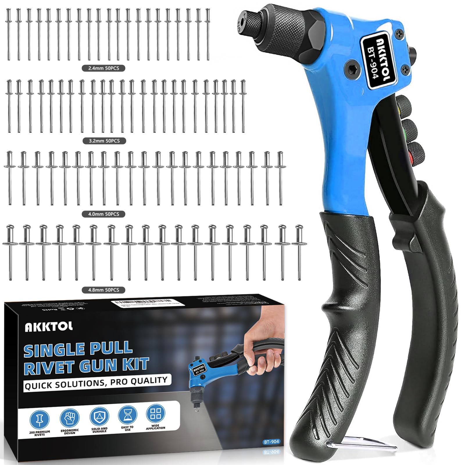 AKKTOL Pince a Rivet, Riveteuse Professionnelle, Pince a Rivet Pop avec 200 Rivets pour 4 Types 4,8mm 4,0mm 3,2mm 2,4mm, Pince à riveter Manuelle pour Automobile, Chemin de Fer, Meubles, Jardinage etc