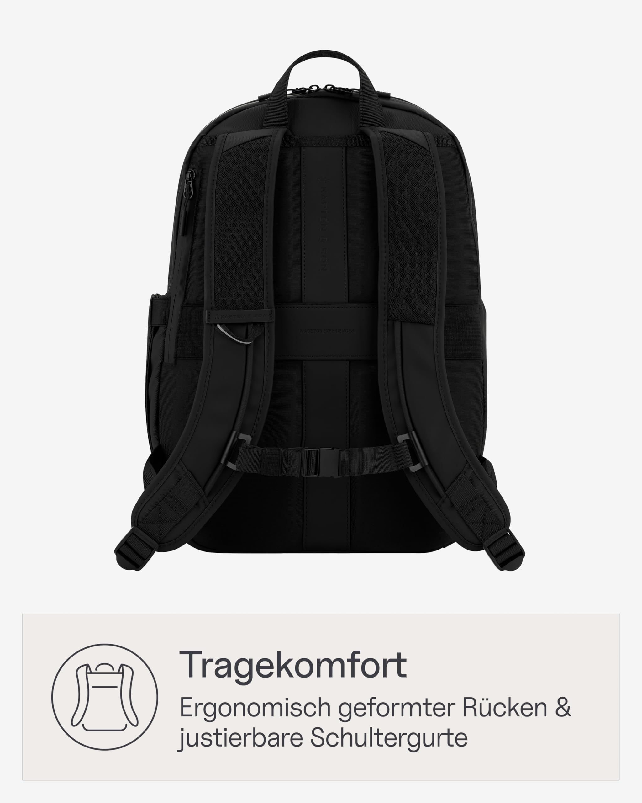 Kapten & Son Rucksack Oslo All Black 18L | Rucksack Herren Schwarz | 16 Zoll Laptopfach, Handgepäck-Größe & Kofferbefestigung | Ergonomisch & Wasserabweisend mit Schlüsselkarabiner