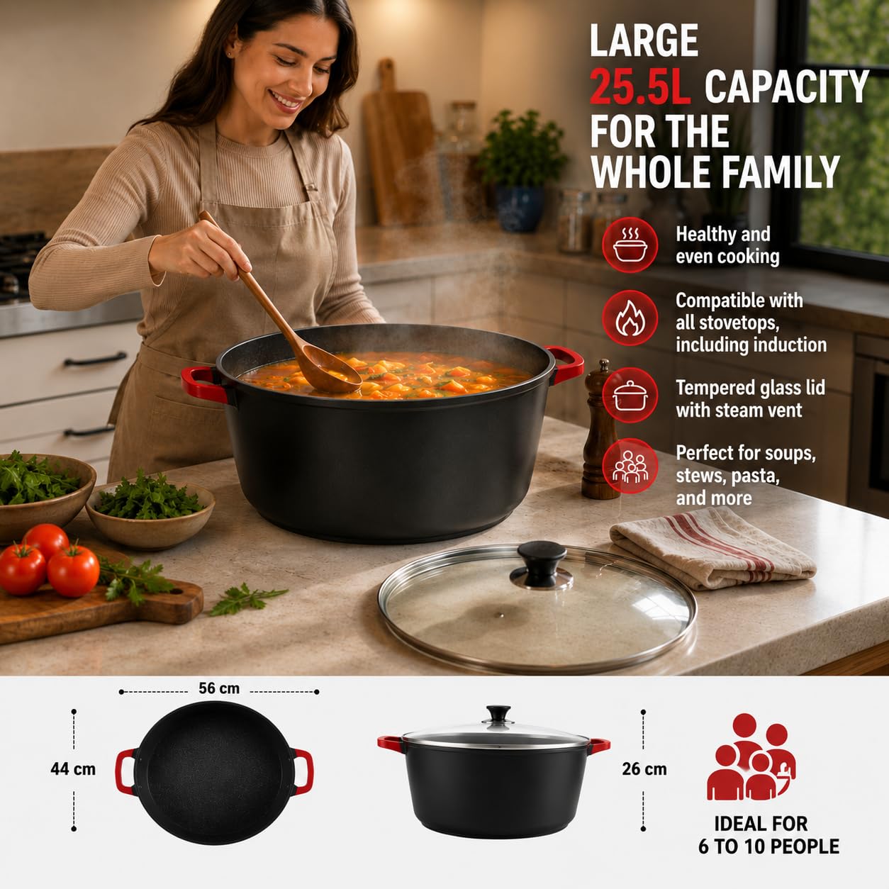 Royal Swiss Olla de 44 cm, color negro, 23 L, revestimiento de mármol, tapa de cristal, apta para inducción y horno, aluminio fundido, asas de silicona extraíbles