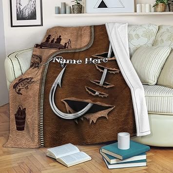 OhaPrints Custom Fishing Hook Brown Pattern Fisherman Gift Personalized Name Soft Sherpa Throw Blankets Cozy Fuzzy Fleece Throws for Tv Sofa Couch Comfy Fluffy Blanket 30X40 50X60 60X80